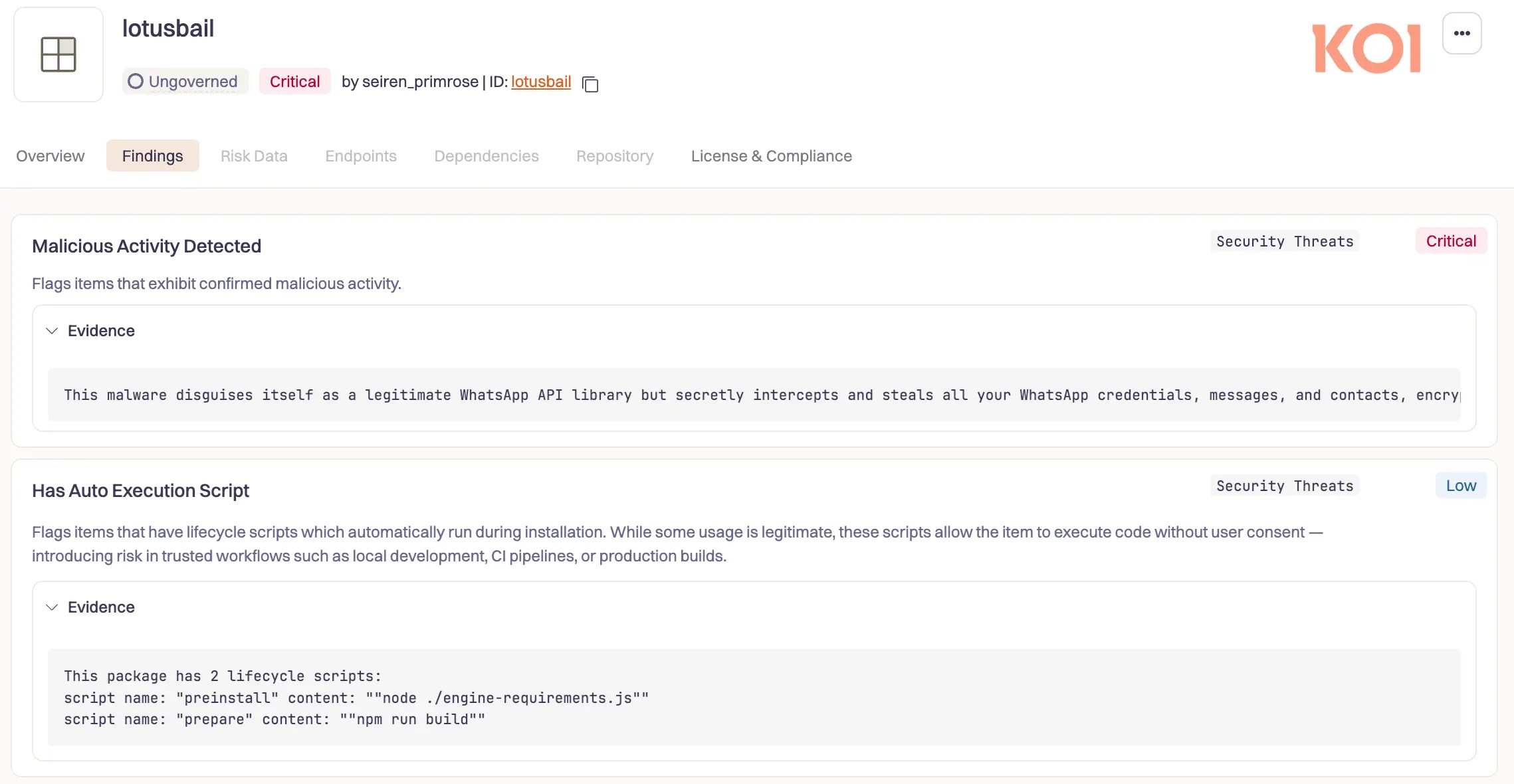 Αναφορά Koidex για πακέτο lotusbail (Πηγή - Koi)